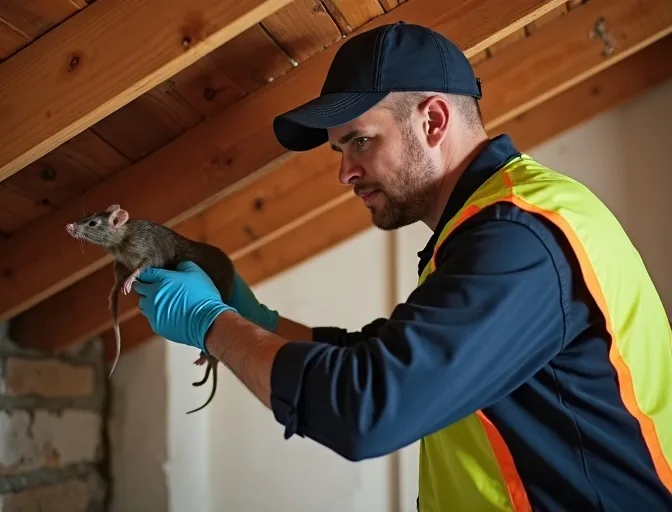 Technician inspecting a roof cavity for a dead rat in Dingley Village